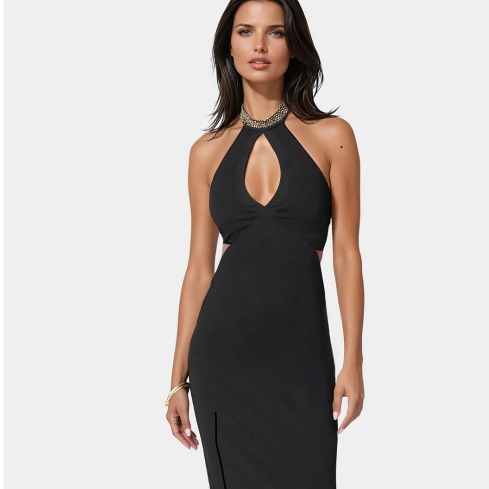 bebe Elegant Black Halter Backless Dress